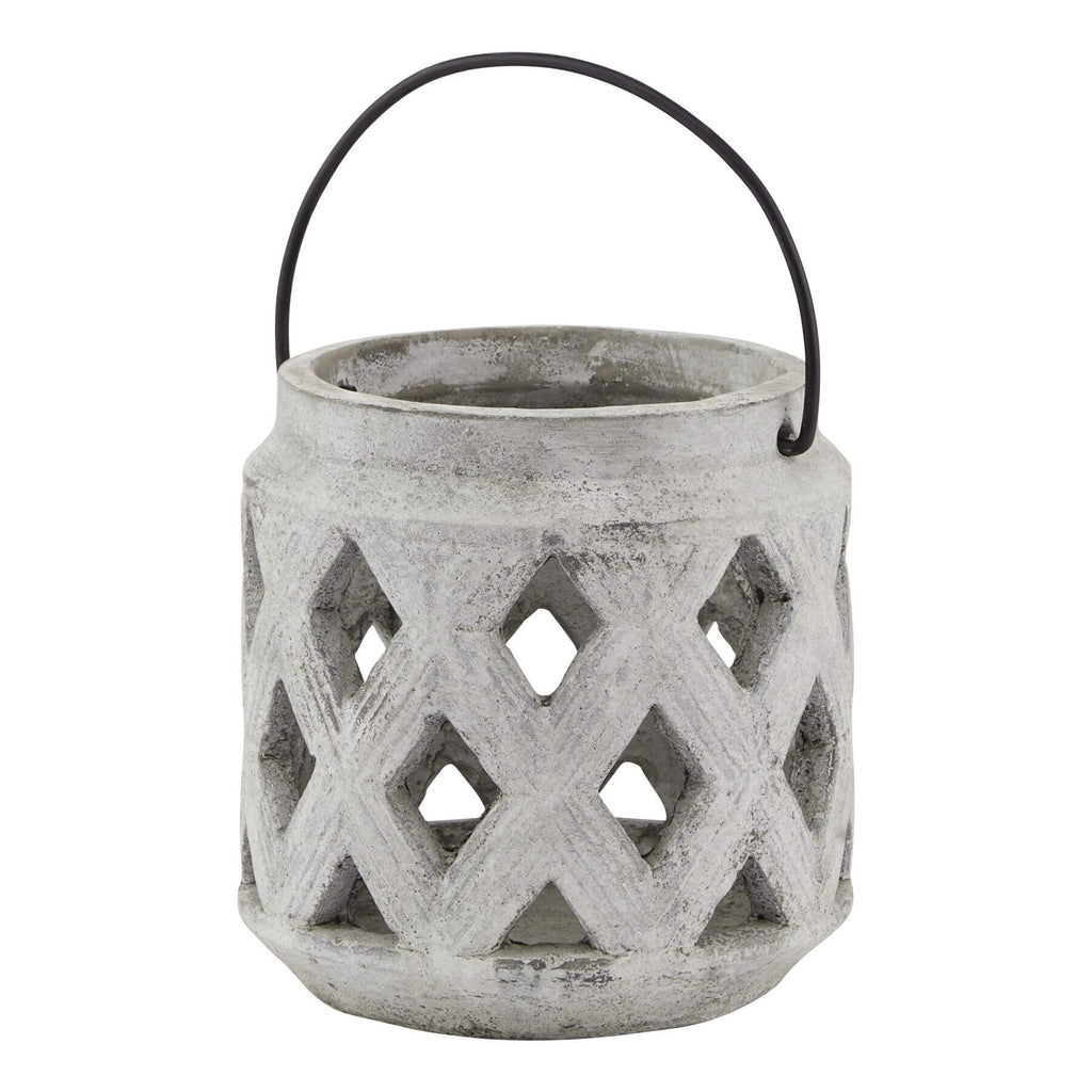 Handcrafted white ceramic lattice lantern with geometric pattern, elegant stone finish for indoor or outdoor decor. by Sostter at brixbailey.com