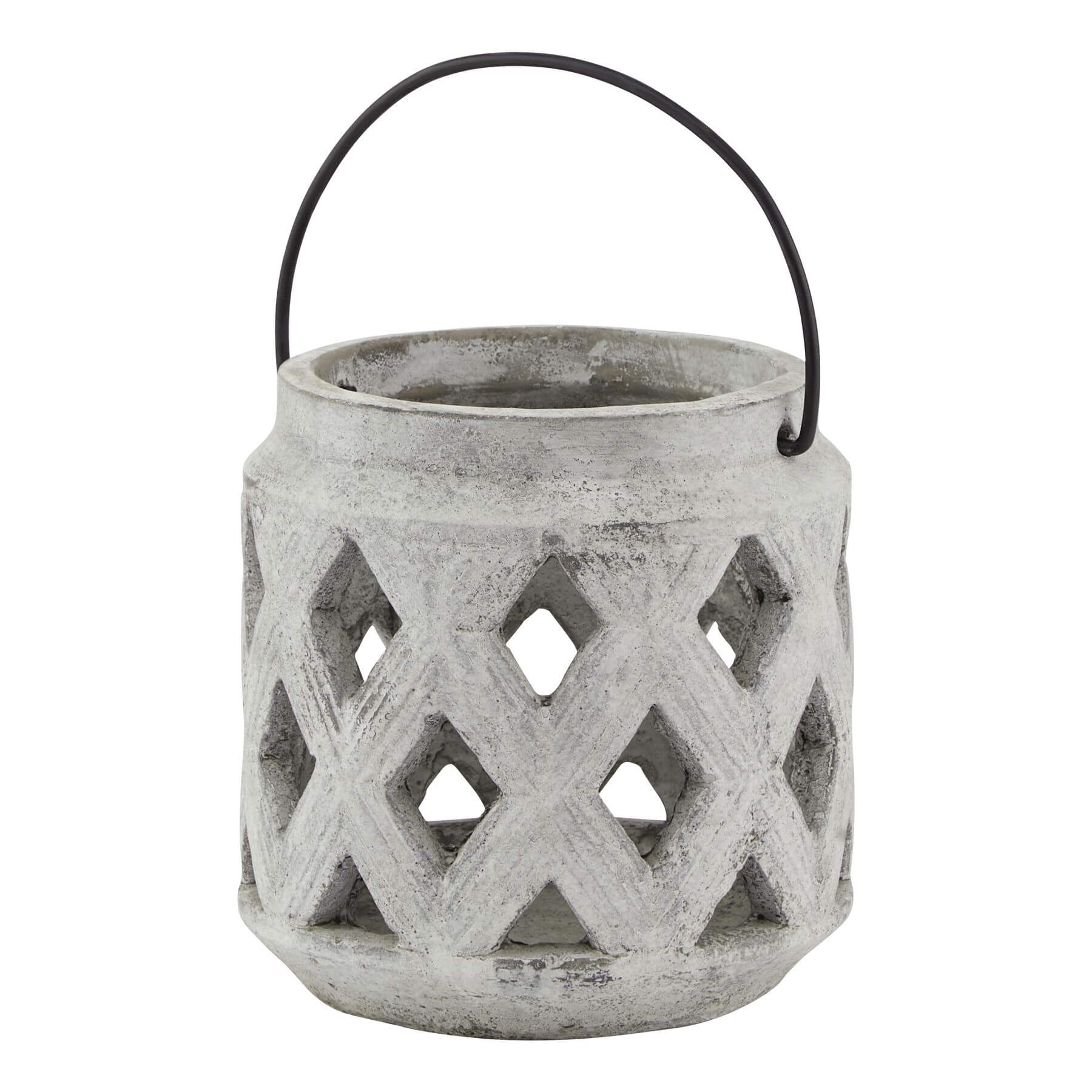 Handcrafted white ceramic lattice lantern with geometric pattern, elegant stone finish for indoor or outdoor decor. by Sostter at brixbailey.com