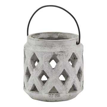 Handcrafted white ceramic lattice lantern with geometric pattern, elegant stone finish for indoor or outdoor decor. by Sostter at brixbailey.com