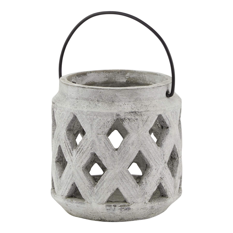 Handcrafted white ceramic lattice lantern with geometric pattern, elegant stone finish for indoor or outdoor decor. by Sostter at brixbailey.com