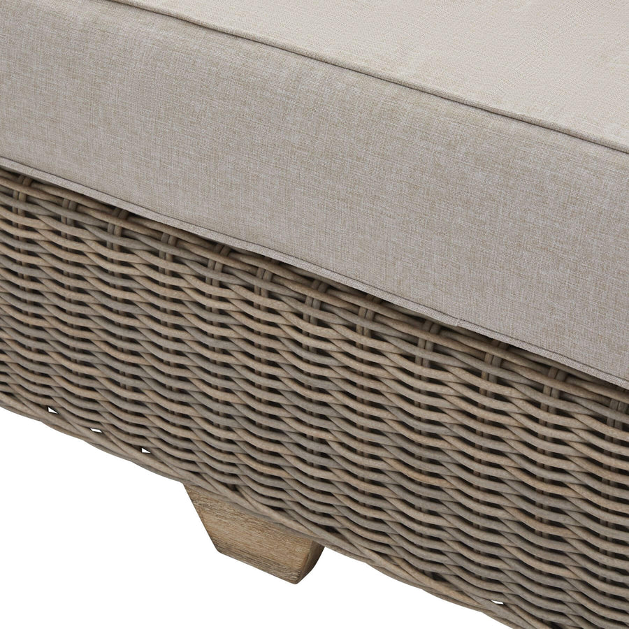 Beige two-seater outdoor sofa with HDPE wicker weave, aluminum frame, and olefin cushions for patio or garden. by Sostter at brixbailey.com