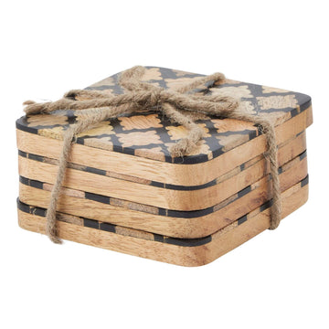 Black geometric wood-effect coasters with intricate patterns, set of 4 for modern tabletops by Sostter at brixbailey.com