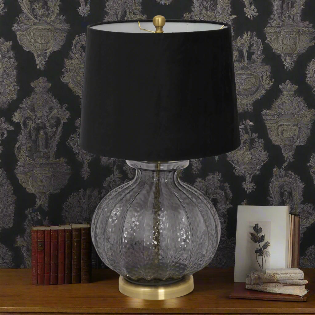 Luxton table lamp with hand-carved fluted glass base and black velvet shade, elegant modern lighting for home decor by Sostter at brixbailey.com