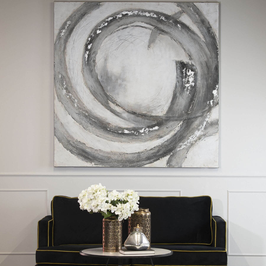 Hand-painted abstract canvas with silver and grey swirling patterns on premium wood frame, 150cm square by Sostter at brixbailey.com