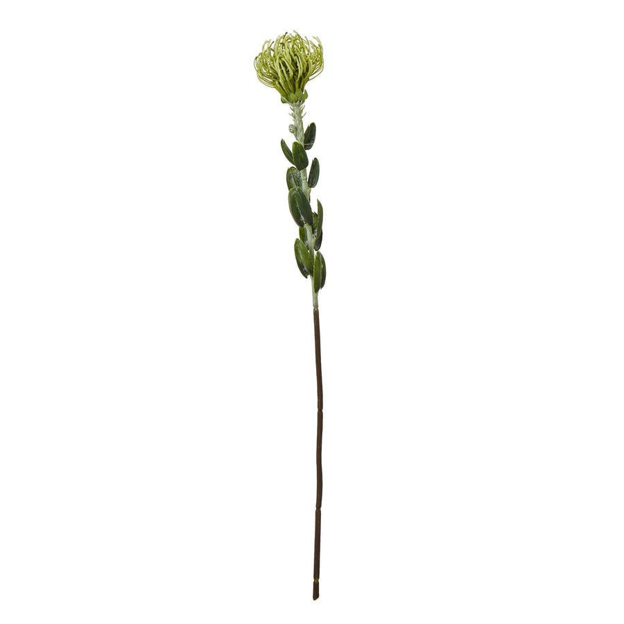 Lifelike pincushion protea spray with spherical blooms and lush green foliage, artisan-crafted faux floral for home decor (124 chars) by Sostter at brixbailey.com