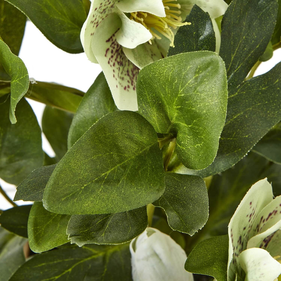 Lifelike faux hellebore plant with vibrant green blooms in elegant taupe ceramic pot, perfect for farmhouse or modern decor. by Sostter at brixbailey.com