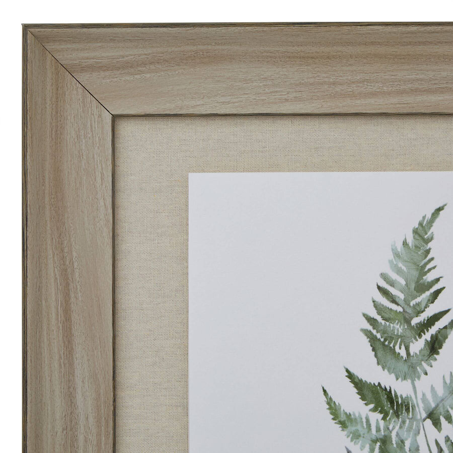 Hand-painted watercolor bracken fern print in earthy tones, framed in sustainable washed wood, 60x50cm botanical wall art by Sostter at brixbailey.com