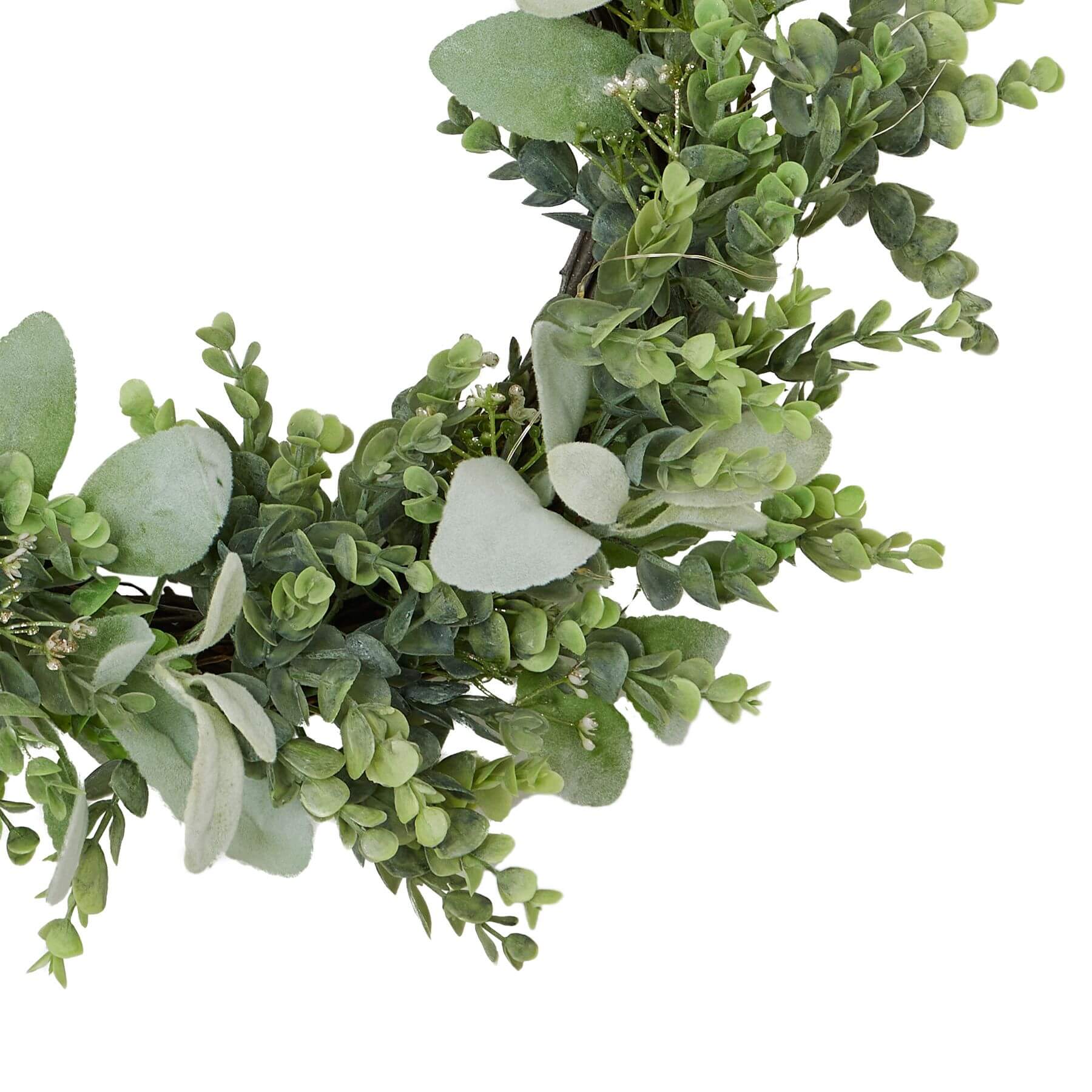 Handcrafted LED winter wreath with eucalyptus and lamb's ear foliage, glowing warm white lights, natural green and silver accents by Sostter at brixbailey.com