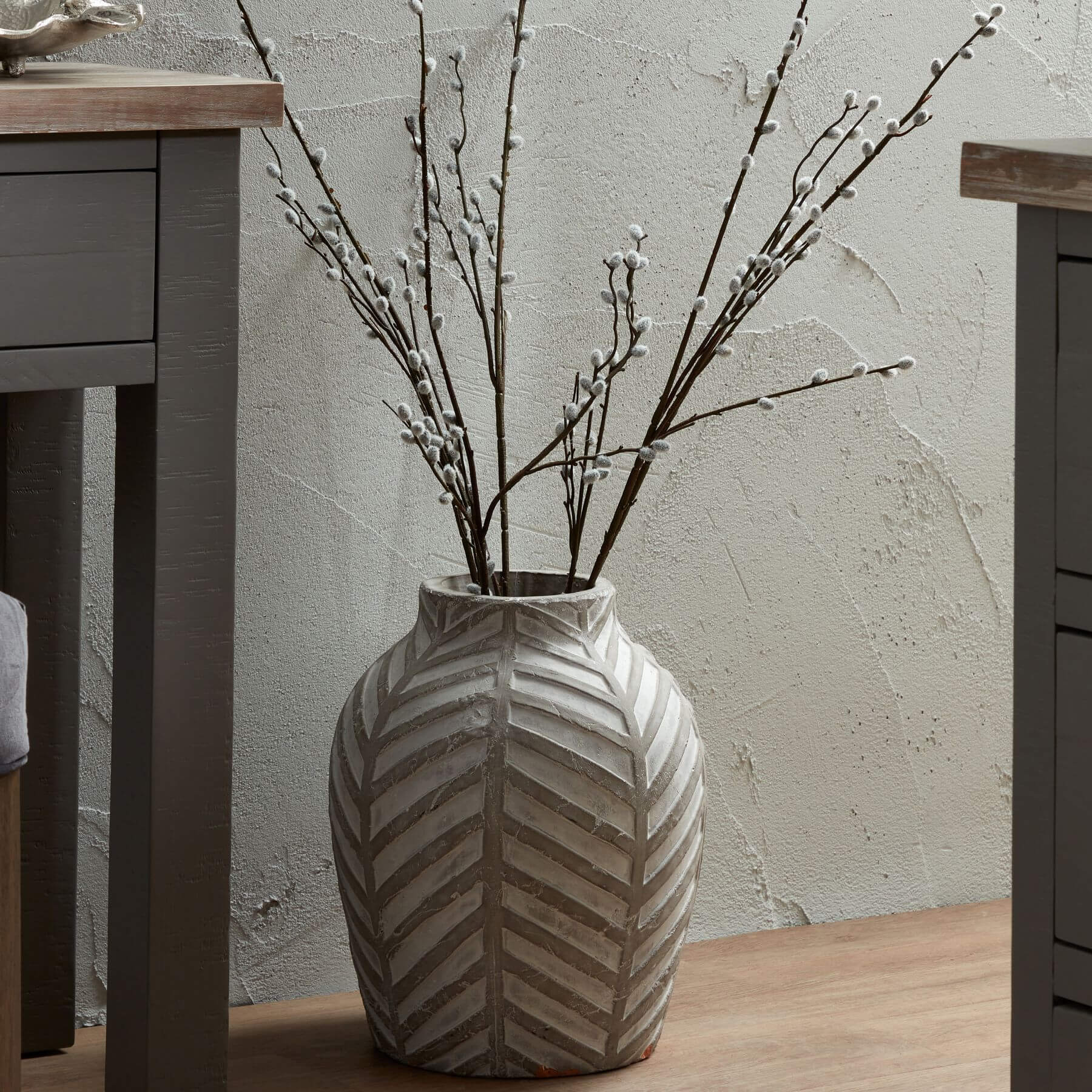 Bloomville Stone Vase in neutral ceramic with geometric pattern, 36cm height, for faux flowersby Sostter at brixbailey.com