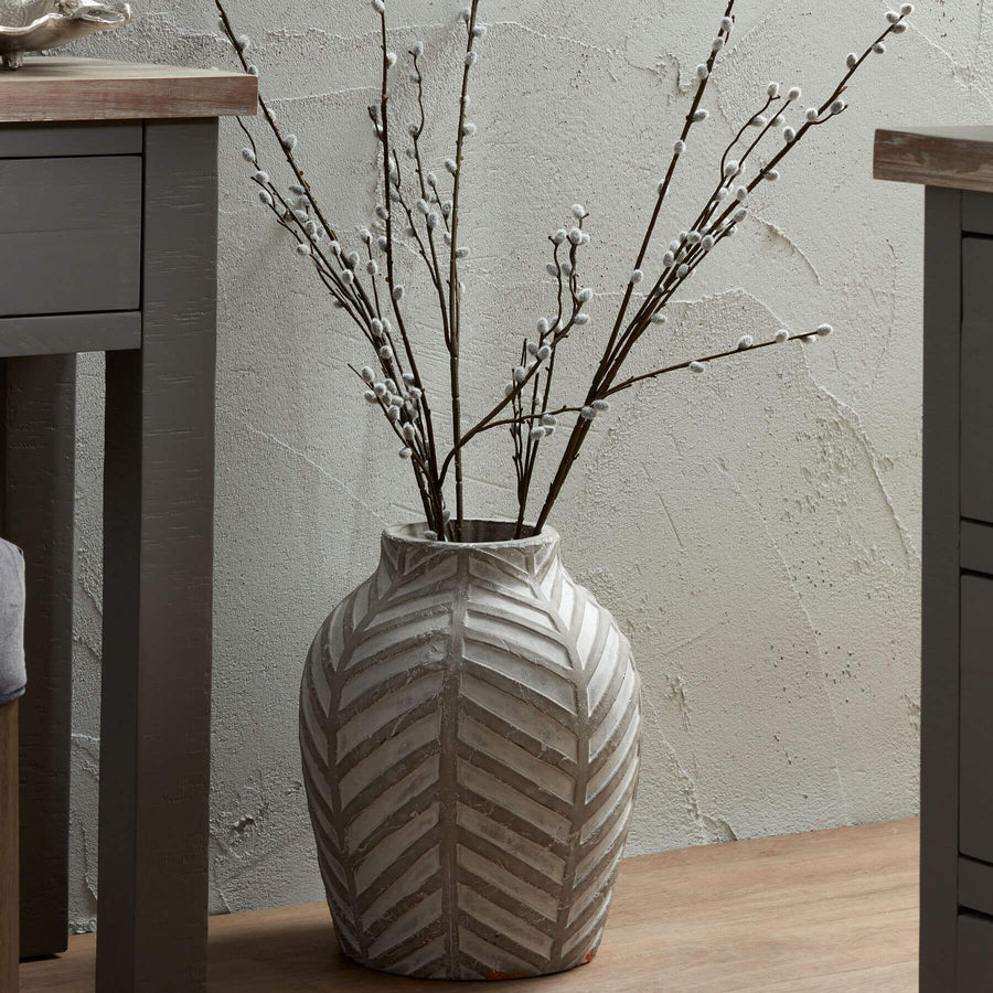 Bloomville Stone Vase in neutral ceramic with geometric pattern, 36cm height, for faux flowersby Sostter at brixbailey.com