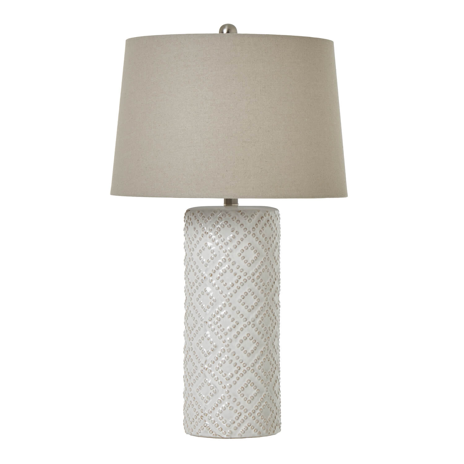 White beaded ceramic table lamp with linen shade, elegant home decor lighting for modern or coastal interiors by Sostter at brixbailey.com