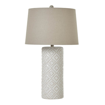 White beaded ceramic table lamp with linen shade, elegant home decor lighting for modern or coastal interiors by Sostter at brixbailey.com
