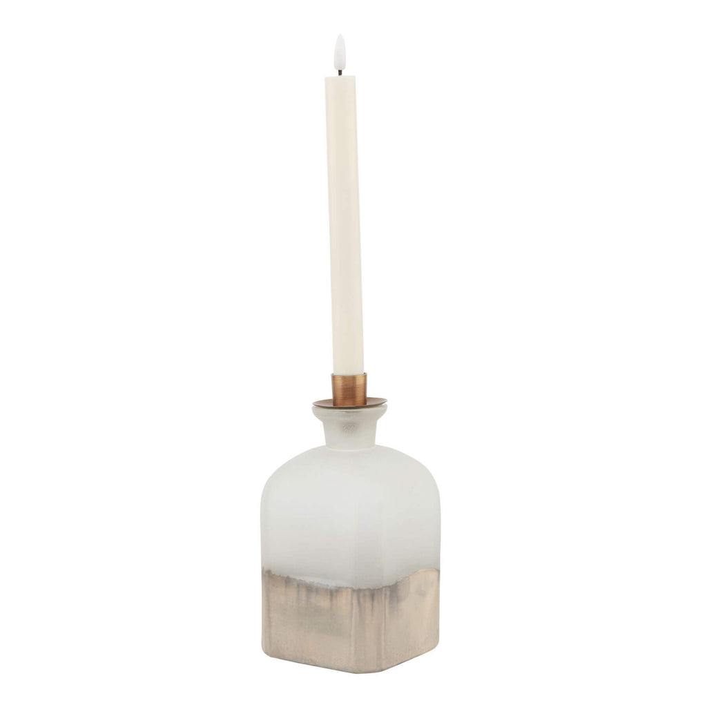Handcrafted brass candle holder vase with burnished finish, aged detailing, and warm grey glass, 20cm tall. by RoomLondon at brixbailey.com