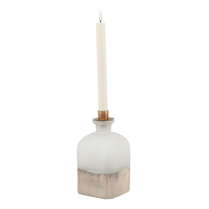 Handcrafted brass candle holder vase with burnished finish, aged detailing, and warm grey glass, 20cm tall. by RoomLondon at brixbailey.com