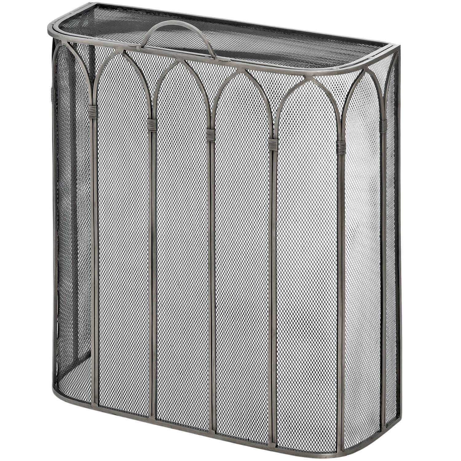 Handcrafted black metal Gothic firescreen with peaked arch design, protecting fireplace with medieval-inspired elegance. by Sostter at brixbailey.com