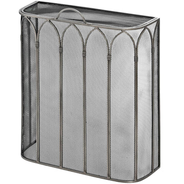 Handcrafted black metal Gothic firescreen with peaked arch design, protecting fireplace with medieval-inspired elegance. by Sostter at brixbailey.com