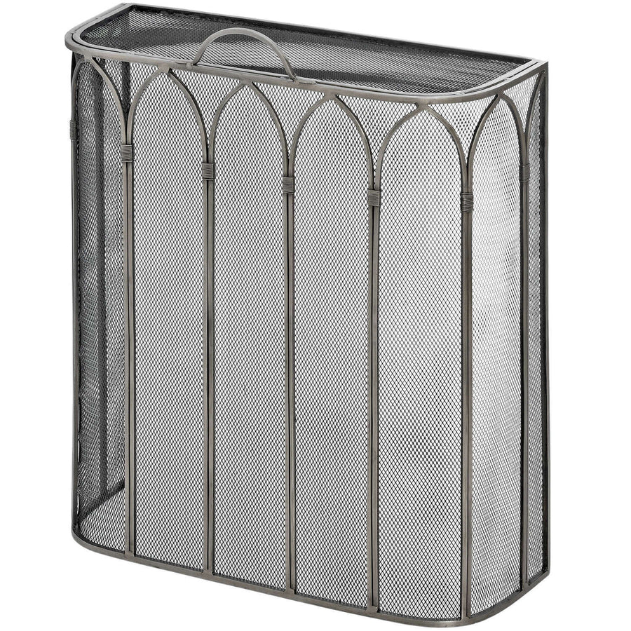 Handcrafted black metal Gothic firescreen with peaked arch design, protecting fireplace with medieval-inspired elegance. by Sostter at brixbailey.com