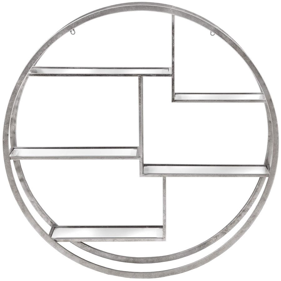 Modern silver metal wall shelf with circular geometric design, multi-level for decor and plants, 92cm wide. by Sostter at brixbailey.com