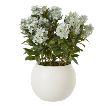 Large artificial green hydrangea plant in pot with ivory florets and lush foliage, 28 inches tall by Sostter at brixbailey.com