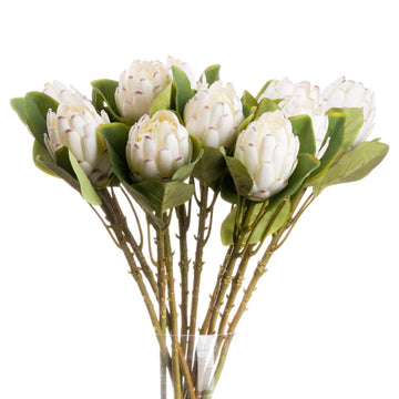 Faux closed white protea stem, hyper-realistic cream floral decor for home arrangements, 67cm tall by Sostter at brixbailey.com