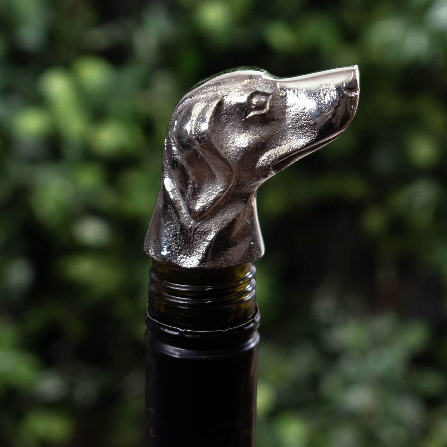 Silver nickel dog head wine bottle stopper, elegant metal bar accessory with detailed canine sculpture by Sostter at brixbailey.com