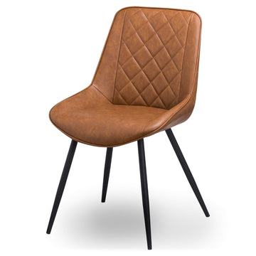 Scandinavian dining chair with diamond-stitched tan upholstery and metal frame in rich brown by Sostter at brixbailey.com