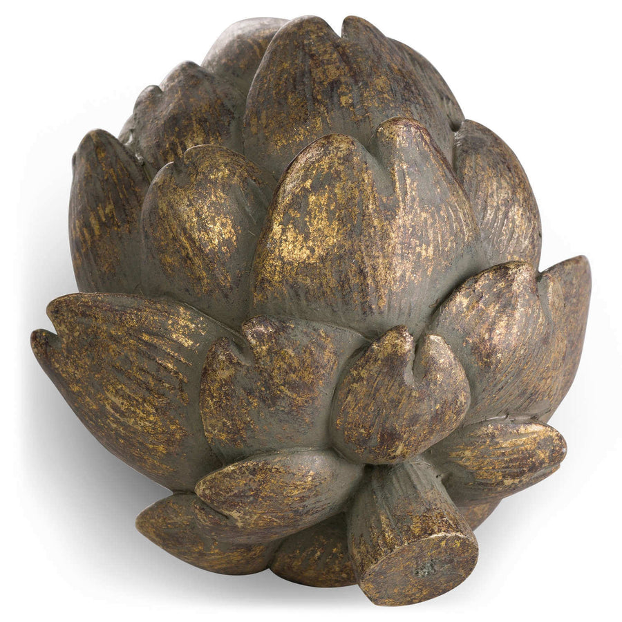 Handcrafted bronze artichoke sculpture with antiqued patina, botanical home decor in warm resin by Sostter at brixbailey.com