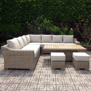 Beige outdoor garden set with HDPE wicker weave, powder-coated aluminum frame, and acacia wood feet by Sostter at brixbailey.com