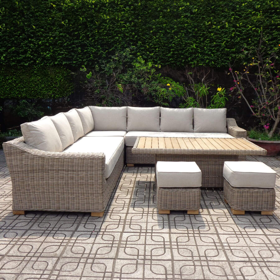 Beige outdoor garden set with HDPE wicker weave, powder-coated aluminum frame, and acacia wood feet by Sostter at brixbailey.com