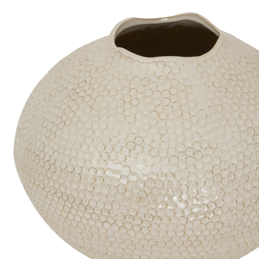 Zaffera caldron vase, white ceramic with artisanal mottled texture, 37cm wide, elegant home decor centerpiece by Sostter at brixbailey.com
