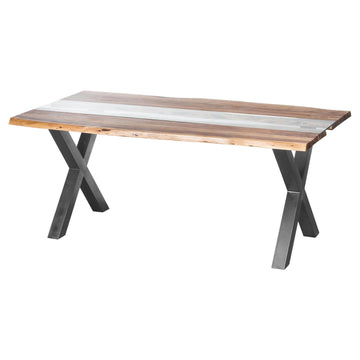 Live edge river dining table with glass center, warm brown wood tones, and natural grain patterns. by Sostter at brixbailey.com