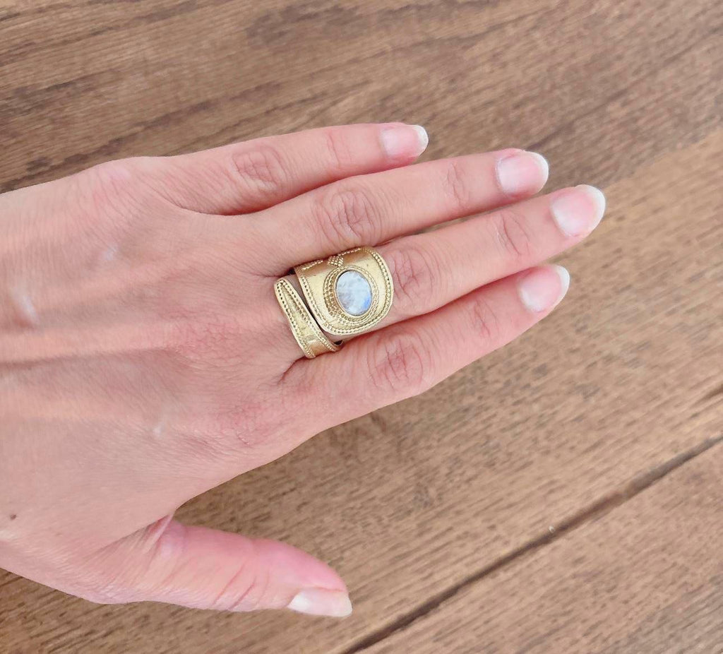 Handcrafted Brass Adjustable Rings with Moonstone – Ethnic Boho Design.