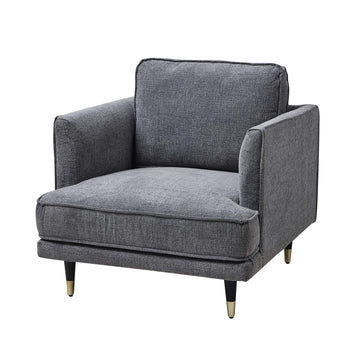 Luxurious grey fabric armchair with curved arms, modern design, and generous seating for elegant living room decor by Sostter at brixbailey.com