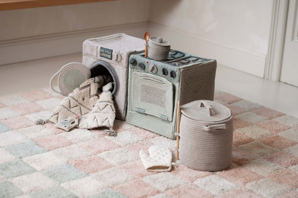 Handmade Montessori Toy Stove and Storage Basket - Eco-Friendly & Engaging Design by Lorena Canals at www.brixbailey.com