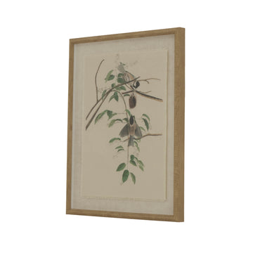 Chickadee linen artwork with beaded wooden frame in earthy brown tones, neutral bird print for home decor by Sostter at brixbailey.com