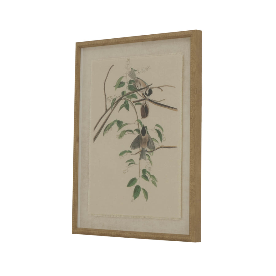 Chickadee linen artwork with beaded wooden frame in earthy brown tones, neutral bird print for home decor by Sostter at brixbailey.com
