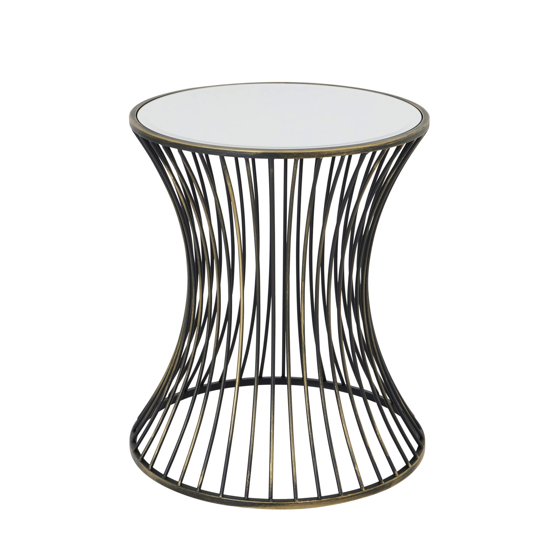 Handcrafted brass side table with black patina finish, concave silhouette, and mirrored glass surface for modern interiors. by Sostter at brixbailey.com