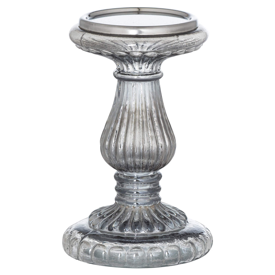 Handcrafted smoked midnight glass candle pillar with ribbed texture for dramatic mood lighting by Sostter at brixbailey.com