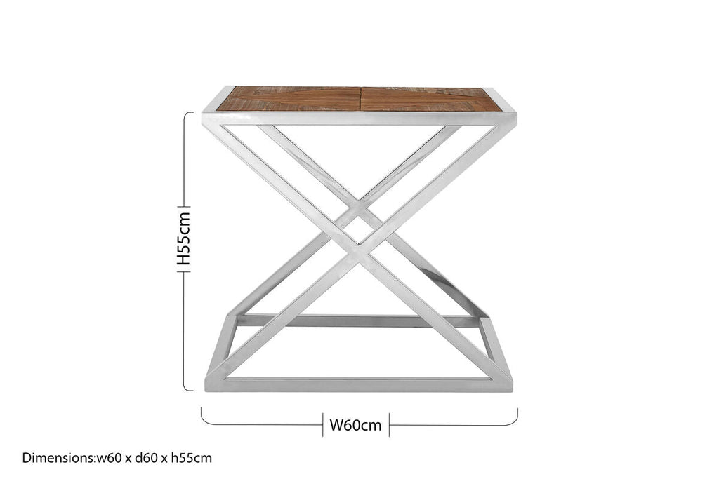 Chrome Cross Frame Side Table with Distressed Wood Top