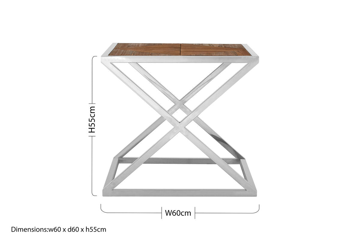 Chrome Cross Frame Side Table with Distressed Wood Top