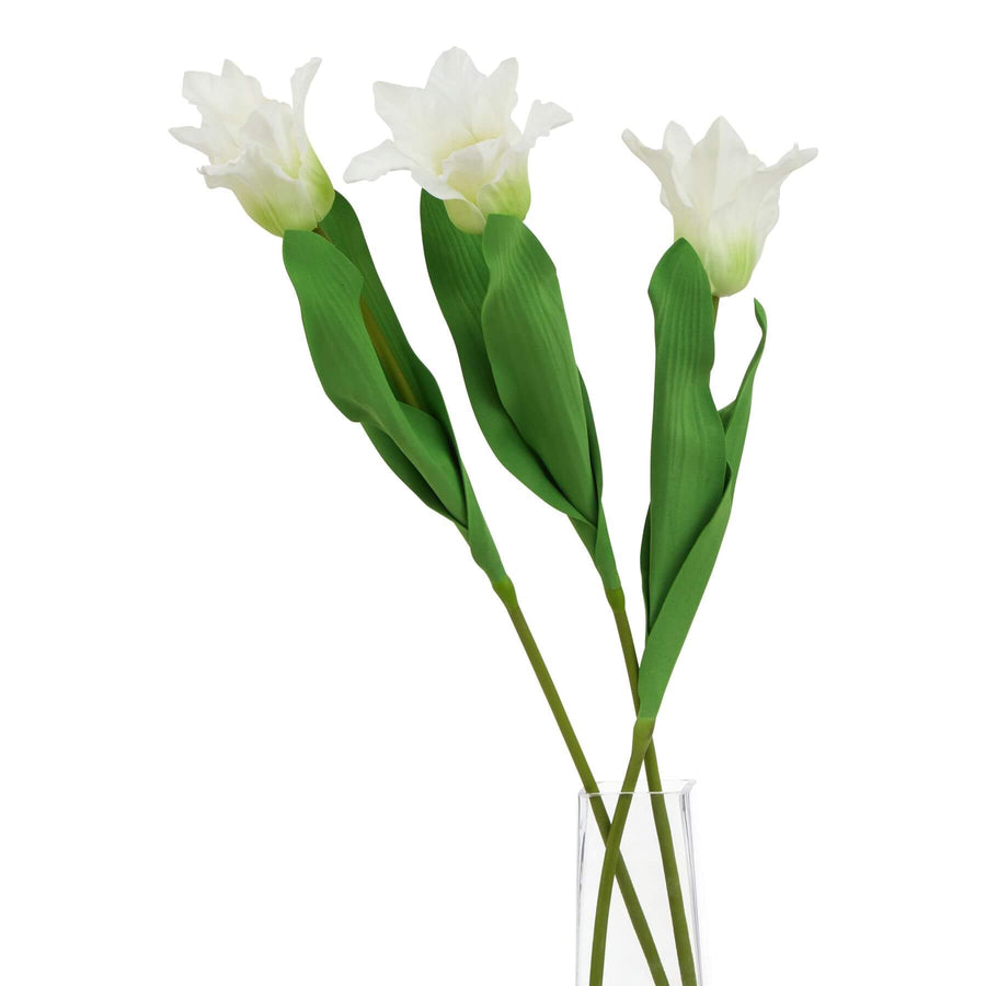 White artificial parrot tulip stem with ruffled petals, 67cm tall, realistic plastic texture for elegant home decor. by Sostter at brixbailey.com