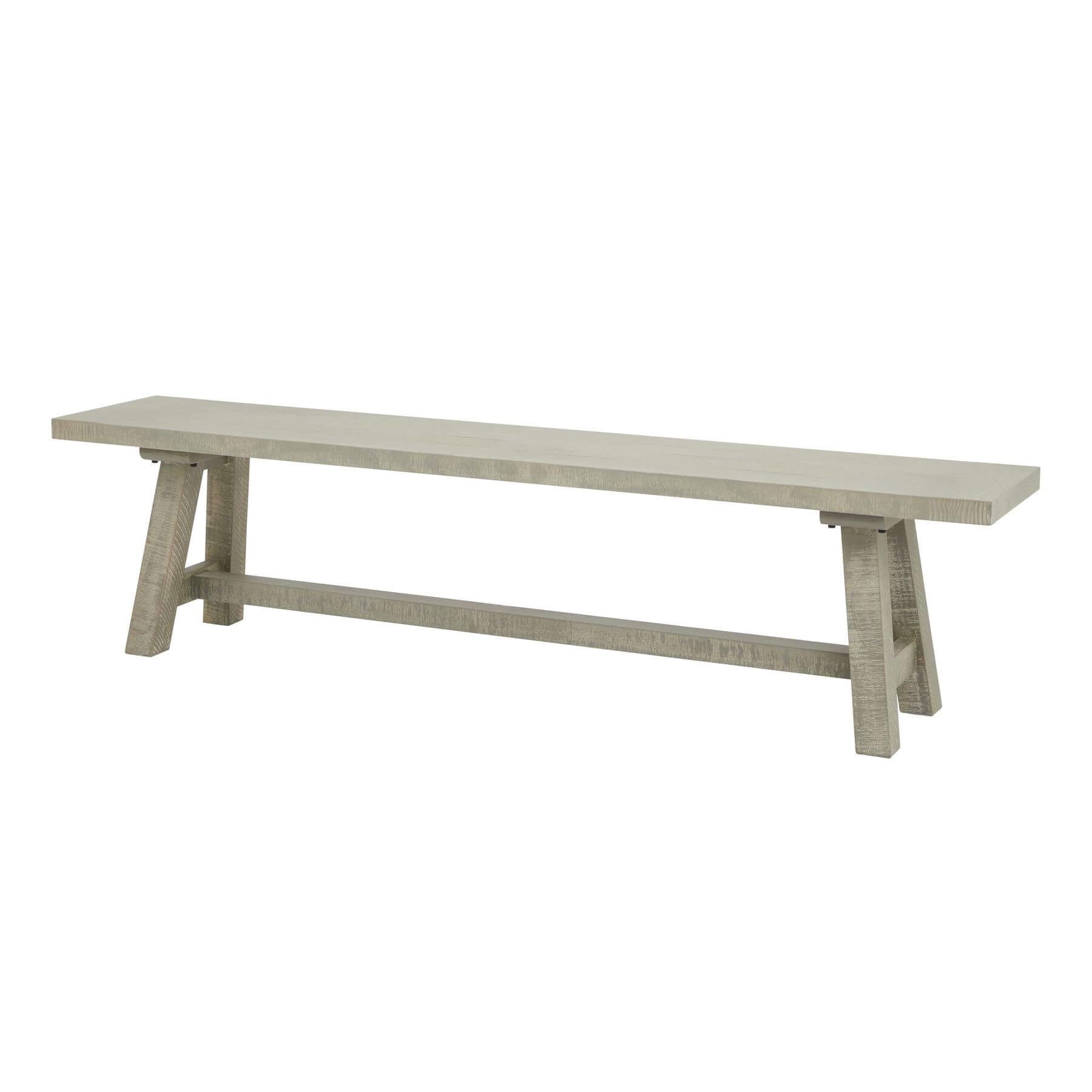 Handcrafted curved pine dining bench with grey-washed finish, seating for three in modern farmhouse style. by Sostter at brixbailey.com