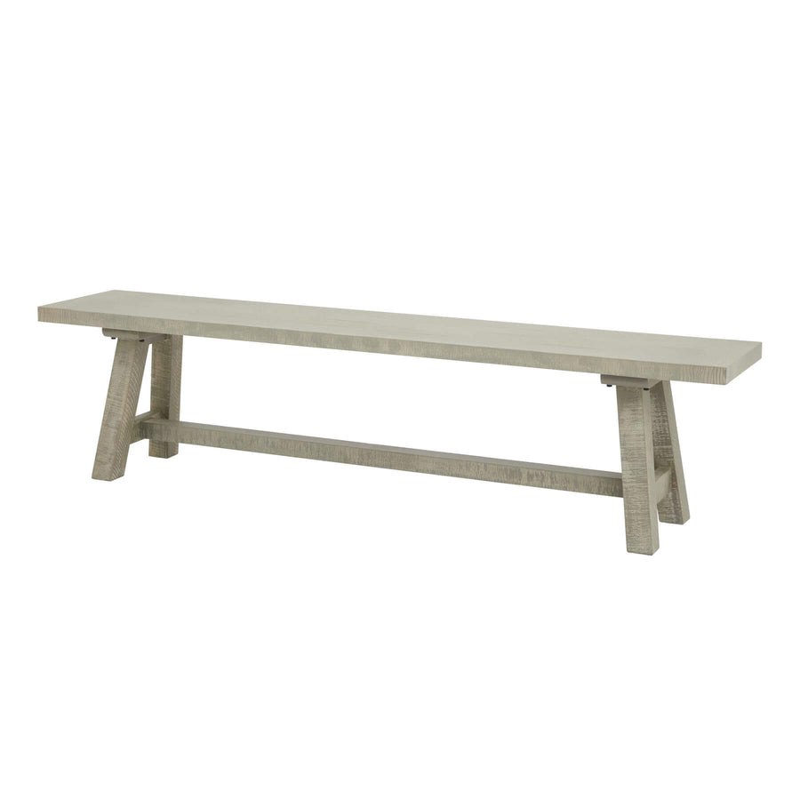 Handcrafted curved pine dining bench with grey-washed finish, seating for three in modern farmhouse style. by Hill Interiors at brixbailey.com