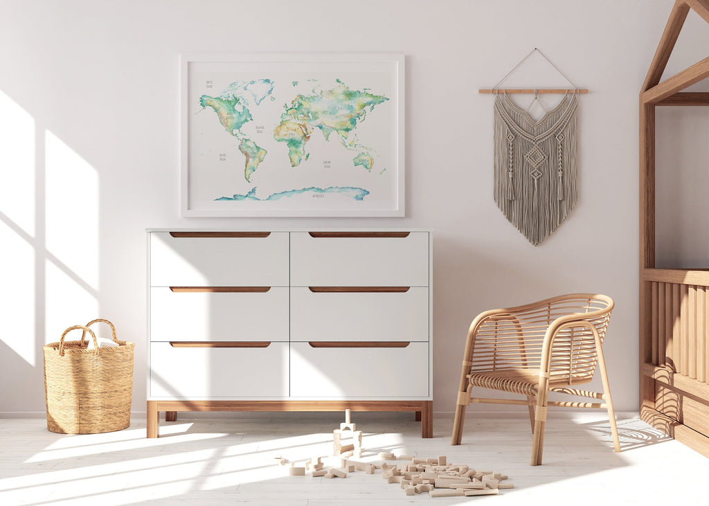 Hand-painted wildlife world map print for children