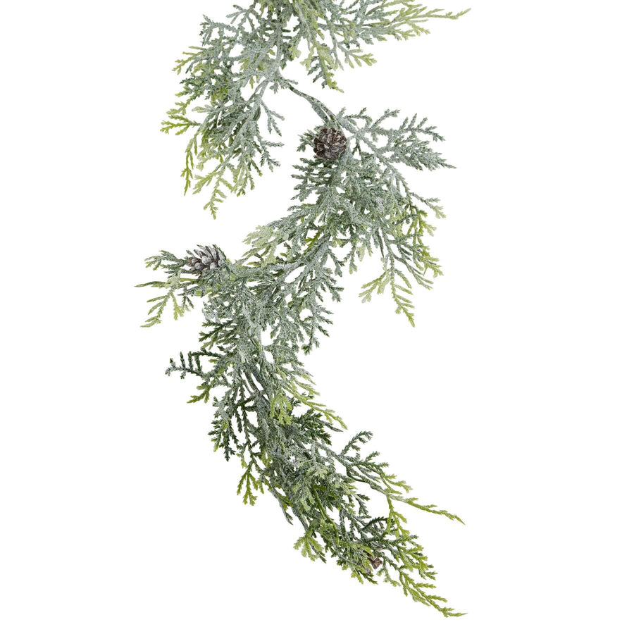 Frost-dusted pine garland with realistic needles and pinecones, white with sparkling winter frost accents, 180cm long. by Sostter at brixbailey.com