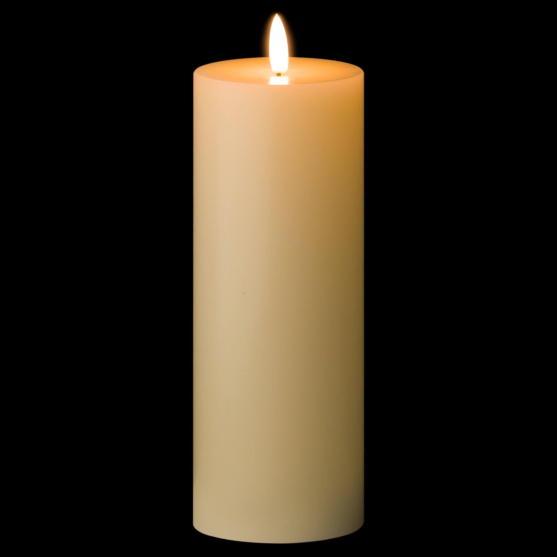 Realistic ivory LED wax candle with flickering amber flame, safe battery-operated home decor by Sostter at brixbailey.com