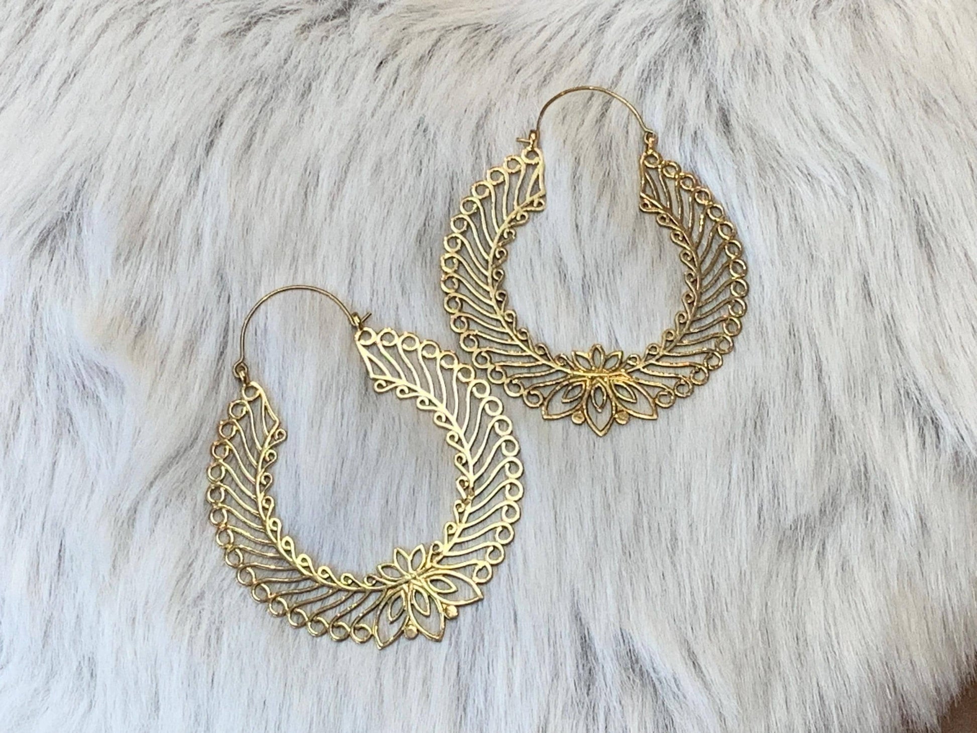 Golden Lotus Filigree Hoops - Intricate Mandala-Inspired Brass Statement Earrings.