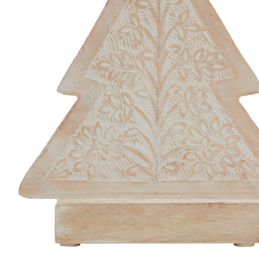 White-wash wooden decorative tree with hand-carved pattern, warm brown base and distressed finish for farmhouse decor by Sostter at brixbailey.com