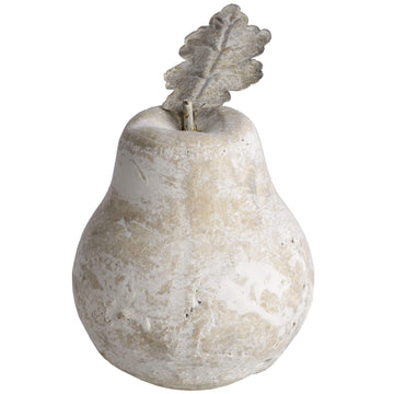 Handcrafted cream stone pear sculpture with antiqued patina, textured surface, and organic curves for home decor. by Sostter at brixbailey.com