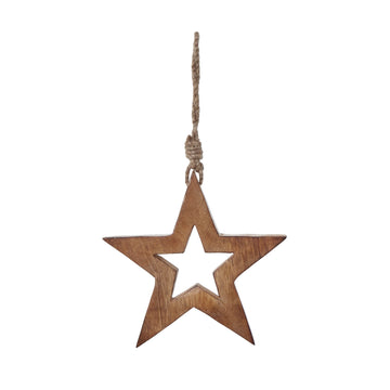 Handcrafted whitewashed wooden hanging star decoration, warm brown with subtle distressing, 15cm rustic home decor. by Sostter at brixbailey.com